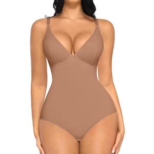 FeelinGirl Shapewear Bodysuits for Women Tummy Control Body Suits Deep V Neck Corset Body Shaper Tops (Large, Light Coffee)
