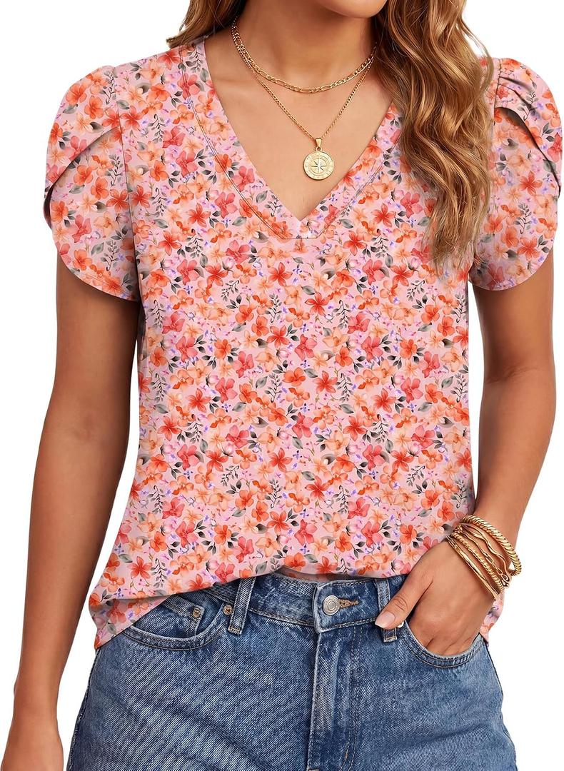 KIFOVEN Women’s Summer Tops Short Sleeve V Neck Floral Tee Loose Fit Tunic T Shirt Blouse (S)