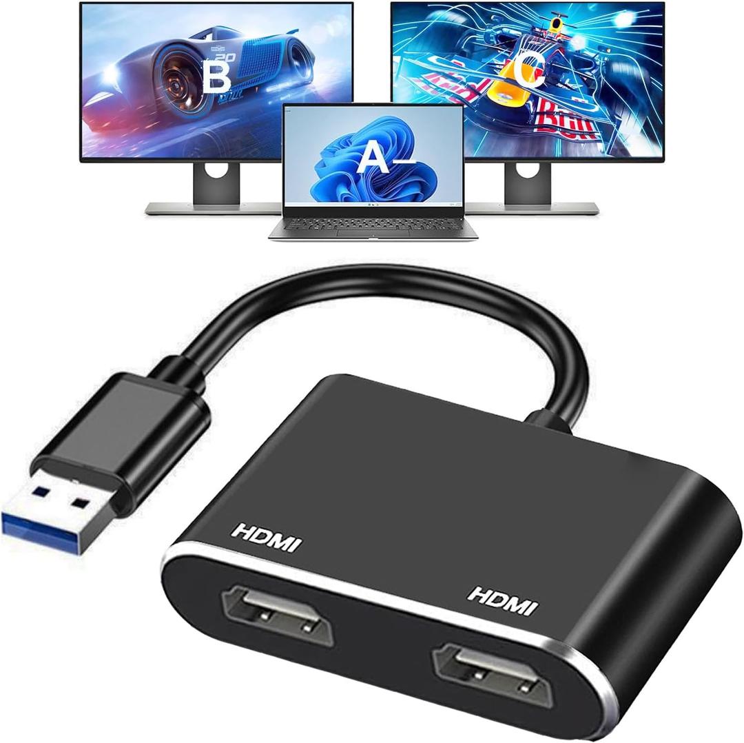 USB to HDMI Adapter for 2 Monitors, USB 3.0 to Dual HDMI Adapter 1920 * 1080P@60HZ Full HD Audio Video Graphics Converter Compatible with Windows