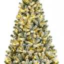 Goplus 7FT Pre-Lit Snow Flocked Christmas Tree, Artificial Hinged Xmas Tree W/ 450 LED Lights, Foldable Metal Stand and 1116 Branch Tips, Fake Snow Flocked Tree for Indoor Home Office Party Decoration