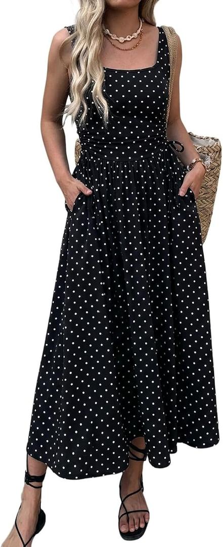 Mieazom Womens Boho Summer Maxi Dress with Pockets, Adjustable Waist, Sleeveless Casual Ruched Sundress for Beach Vacation, S