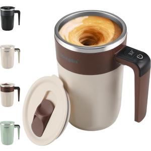 Mongdio Self Stirring Coffee Mug with Fahrenhite Temperature Display, Rechargeable Stirring Mug, Automatic Self Stirring Cup with Lid, For Coffee, Milk and Other Beverages, Brown (13.5OZ)