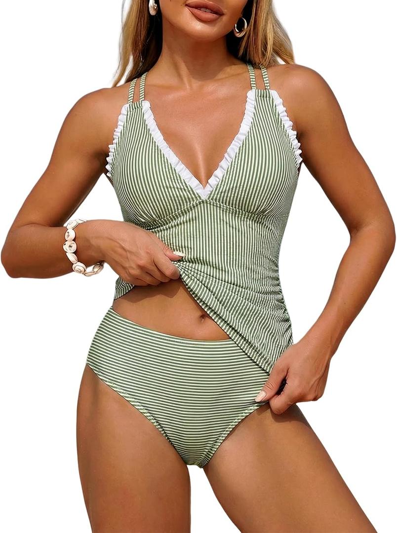 ZAFUL Womens Tankini Swimsuits Smocked 2 Piece Bathing Suits Modest Tie Back Swimwear (Green, M)