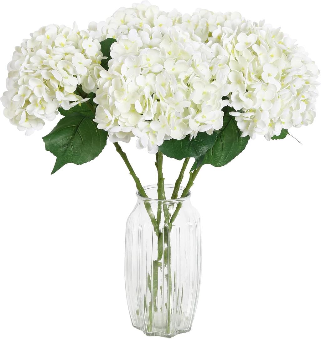 4PCS Real Touch White Hydrangea Artificial Flowers 21'' Large Latex Fake Hydrangea Flowers Faux Hydrangea with Stem for Wedding Home Room Table Centerpiece Indoor Baby Shower Decorations (White)
