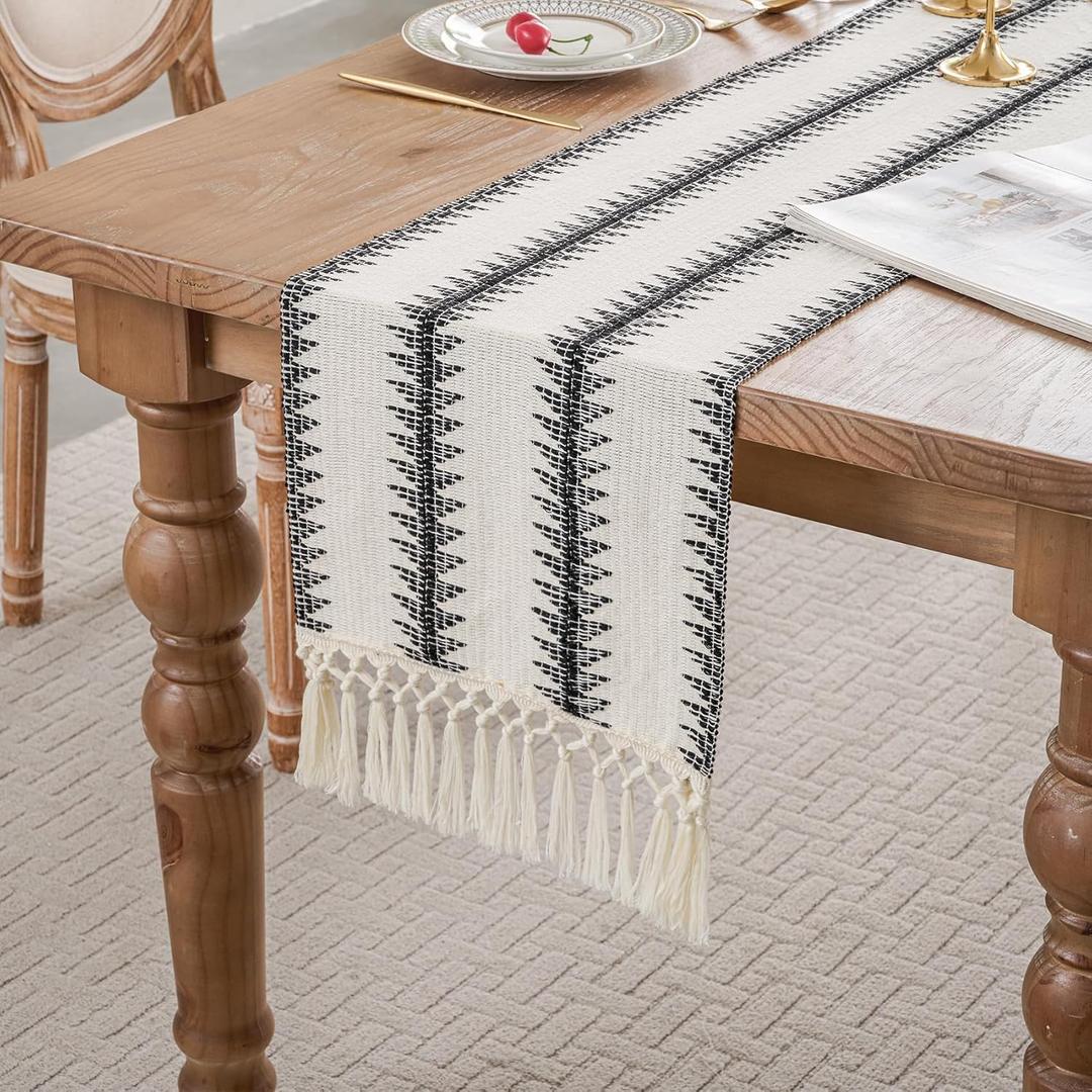 duduta Black White Tree Boho Macrame Table Runner 12 x 72 inch, Farmhouse Dresser Covers Coffee Table Runner with Tassels