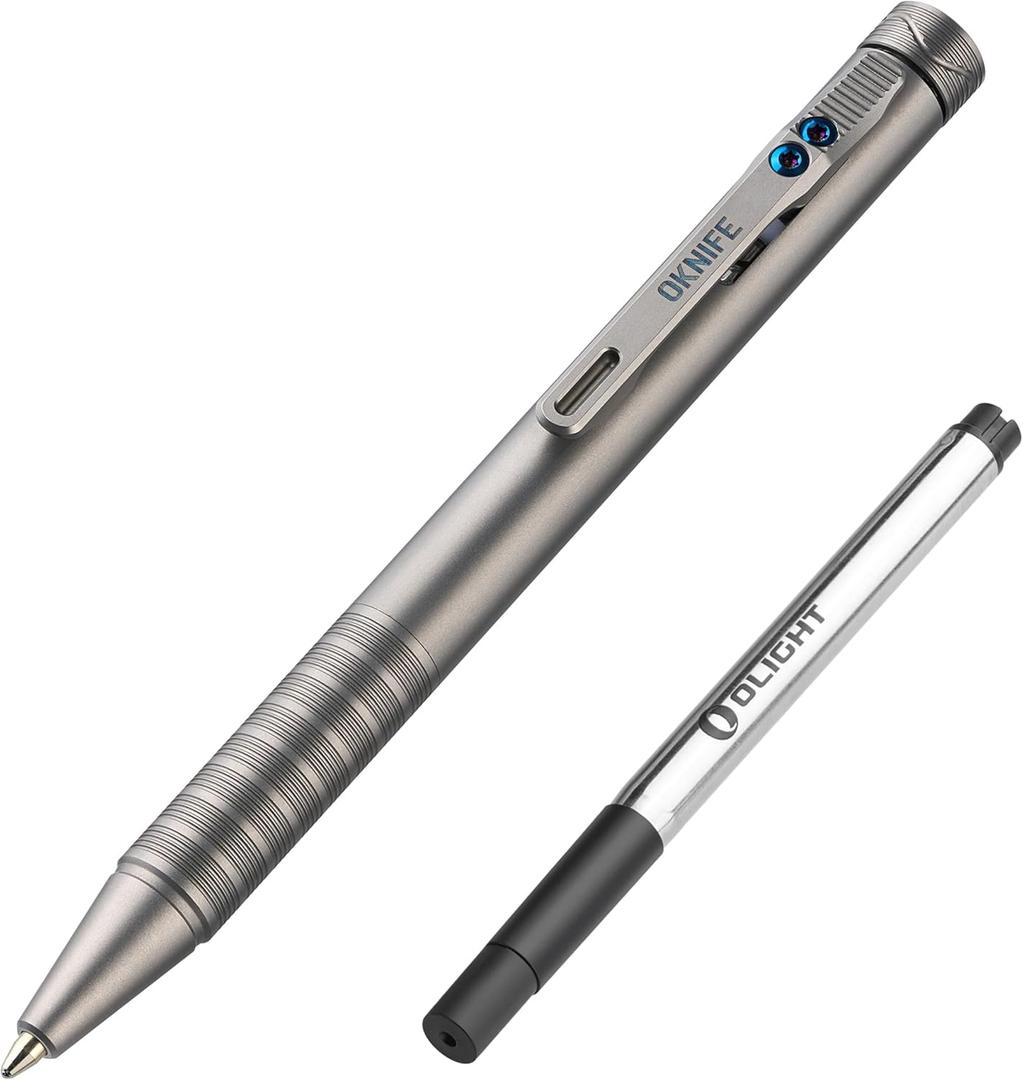 OKNIFE B1 Ti Titanium Pen with 2-in-1 Clip, Bolt Action Pen with Clip, Lightweight EDC Ballpoint Pen with 2 pcs Refills Ideal for Office, Working, Writing