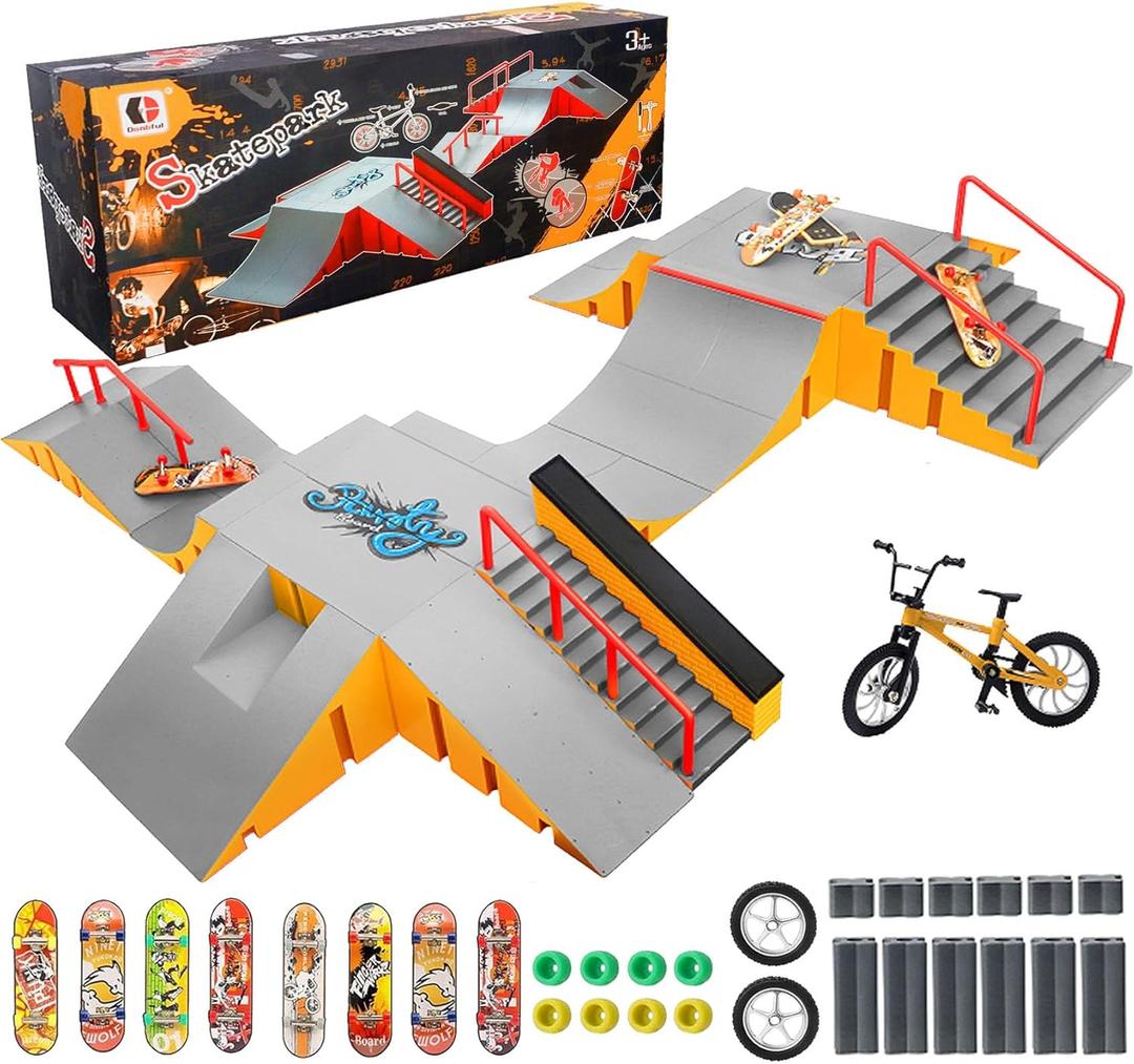 Finger Skateboard Park Kits,14-in-1 Bigger Finger Skateboard Ramp Set with 14 Ramps,8 Fingerboards,1 Finger Bike, Skate Park Kit,Fingerboard Skatepark Half Pipe Toys Gifts for Ages 3+