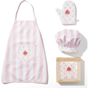 Kid Apron and Chef Hat Set, 3 Pcs Children Cooking Baking Set Kits Role Play Chef Toy Kid Cooking Gift for Girls Boys (Pink)