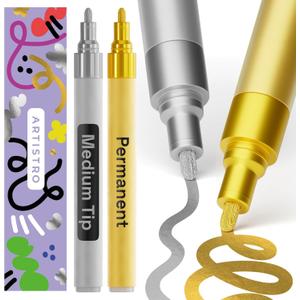 ARTISTRO 2 Gold & Silver Permanent Marker - Waterproof Markers for Tire, Fabric, Rocks, Glass, Ceramic, Wood, Paper - Oil Based Paint Pens - Medium Tip 3mm
