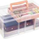 BTSKY Modern Big Pink Dividing Box with Tray, 11.81 x 6.69 x 5.79 inches, Portable Storage Box with Removable Tray, Accessories & Arts & Crafts Organizer