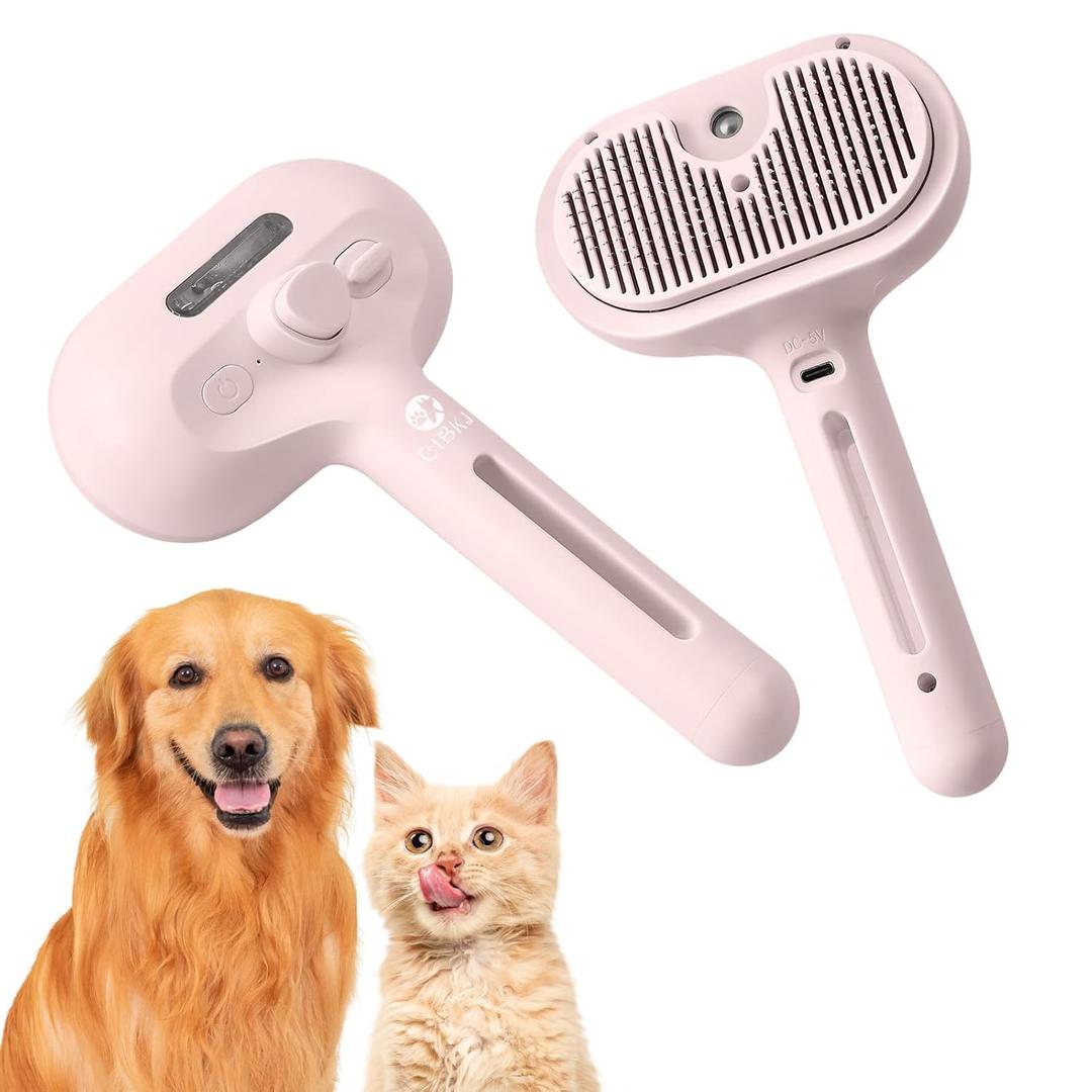Cat Steam Brush - Anti-Static Rechargeable Steamy Brush for Cats and Dogs, Removes Flying Hair with Release Button and Tank - Pink