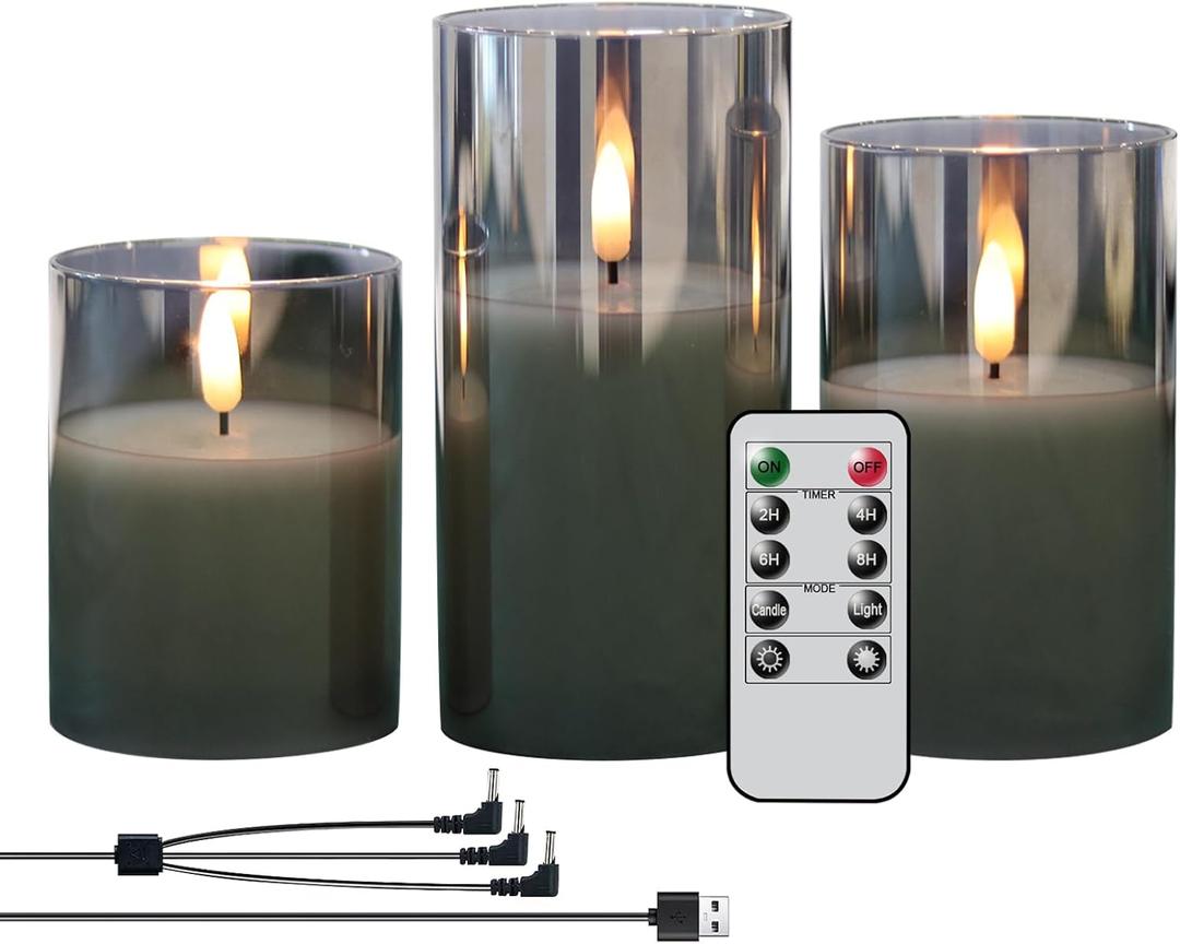 GenSwin Rechargeable LED Flameless Flickering Glass Candles with Remote Timer, Battery Operated Pillar Candles Long Lasting Grey Real Wax USB (D 3”×H 4”5”6”)
