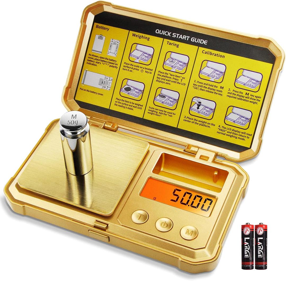 Fuzion Gram Scale 200g/0.01g, Jewelry Scales Digital Weight Grams and Ounces, Digital Pocket Herb Scale with 6 Modes, Tare for Herbs, Jewelry, Small(50g Weight & Battery Included) (Gold)