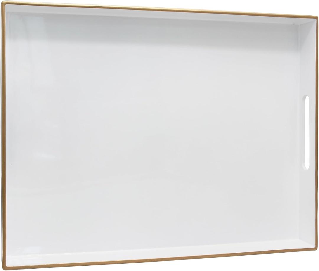 15.8" x 11.8" White Plastic Serving Tray with Gold Trim and Handles, Decorative Rectangular Tray for Ottoman, Coffee Table, Kitchen Counter, Bathroom Vanity, Heavy-Duty & Easy to Clean