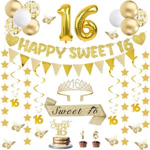 32Pcs Sweet 16 Party Decorations with Banners, Hanging Swirls,Star Garland, Butterfly,Sweet 16 Sash and Tiara,Cake Toper Candles,Balloons, 16th Birthday Decorations for Girls Gold White
