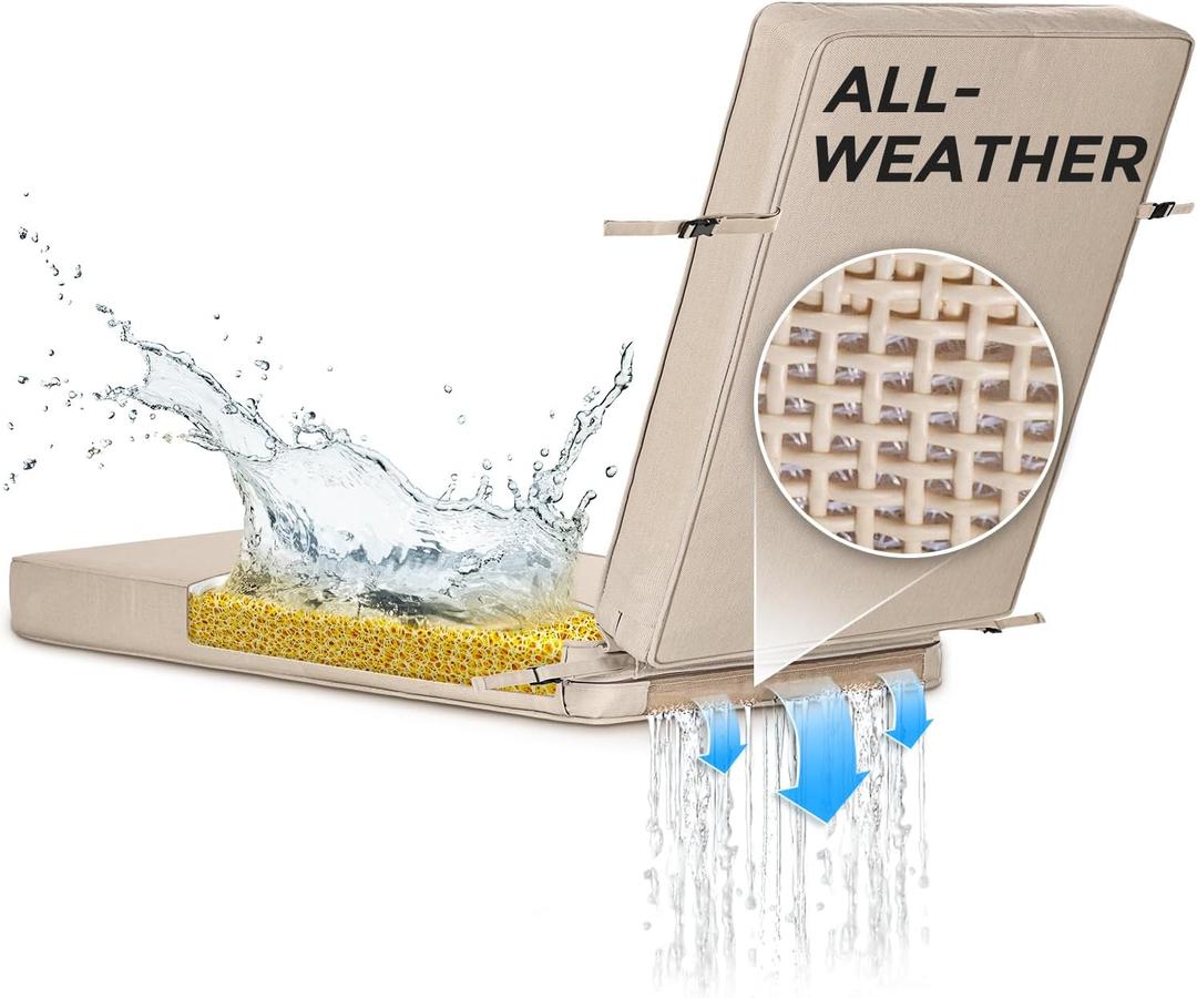 SUNROX All-Weather DryFast Foam Lounge Chair Cushion, FadeShield Water Resistant Chaise Lounge Cushions for Outdoor Patio Furniture with Adjustable Buckle Ties, 80x26 Inch, Husk Birch