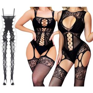 2 x Women's Mesh Lingerie Black Fishnet Baby Dolls Mini Dress Free Size Bodysuit See Through Shirts 3Pack