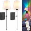 Rechargeable Battery Operated Wall Sconces Set of 2, Black Wireless Fabric Shade Wall Sconce with Remote Control, Dimmable RGB Color Changing Wall Lamp for Bedroom Living Room Hallway, 20.47" Tall