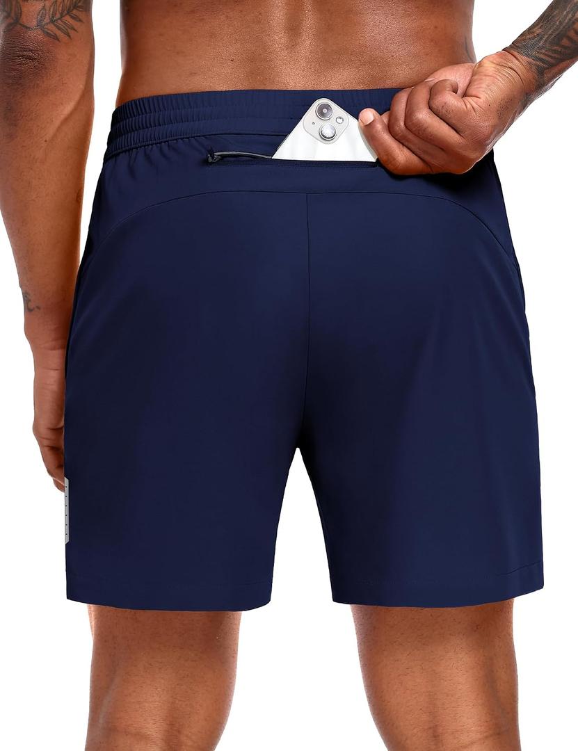 MIER Mens Running Shorts with 5 Inch Inseam, Quick Dry Athletic Shorts for Gym Workout Exercise Training, 3 Zipper Pockets (Blue, L)