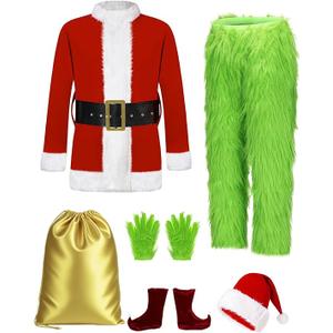 Christmas Costume Adult Men Santa Claus Outfit 7PCS Furry Green Giant Monster Professional Realistic Xmas Cosplay Suit M