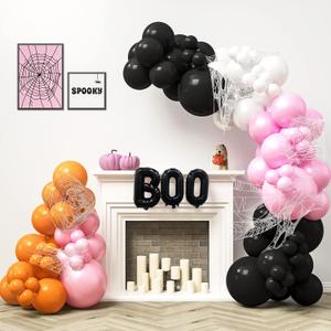 HOUSE OF PARTY Halloween Balloon Arch Kit 80 Pcs - 5/10/12/18 Inch Balloons Garland with 16" BOO Foil Balloon & Stretchy Spider Web For Halloween Party & Kids Birthday Decorations