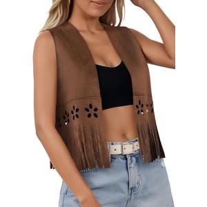 SOFIA'S CHOICE Women Fringe Vest Cowgirl Western Hippie Faux Suede Tassel Rave Outerwear Brown X-Large