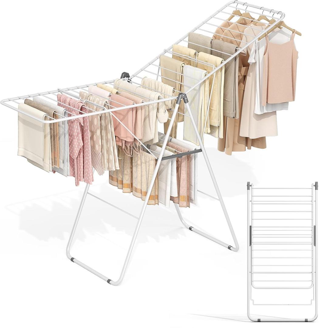APEXCHASER Clothes Drying Rack, Oversized Drying Rack Clothing with Height-Adjustable, Foldable Gullwings Metal Laundry Rack, Indoor Outdoor Use, No Assembly, White (U-foot cover)