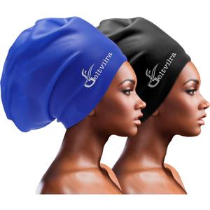 Extra Large Swim Cap for Braids and Dreadlocks Women Men Silicone Swimming Cap for Long Thick Curly Weaves Afro Hair Extensions (Black, Blue)