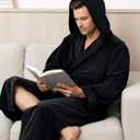 NY Threads Mens Robe with Hood, Luxury Plush Fleece Hooded Mens Bathrobe, Spa Bath Robe for Men (Black, M)