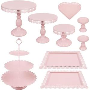 JALANCY Set of 9 Cake Stands Metal Cupcake Stand Set Multiple Styles Candy Fruit Display Tower Dessert Plate Cake Serving Tray for Birthday Party Wedding Anniversary Baby Shower Engagement (Pink)