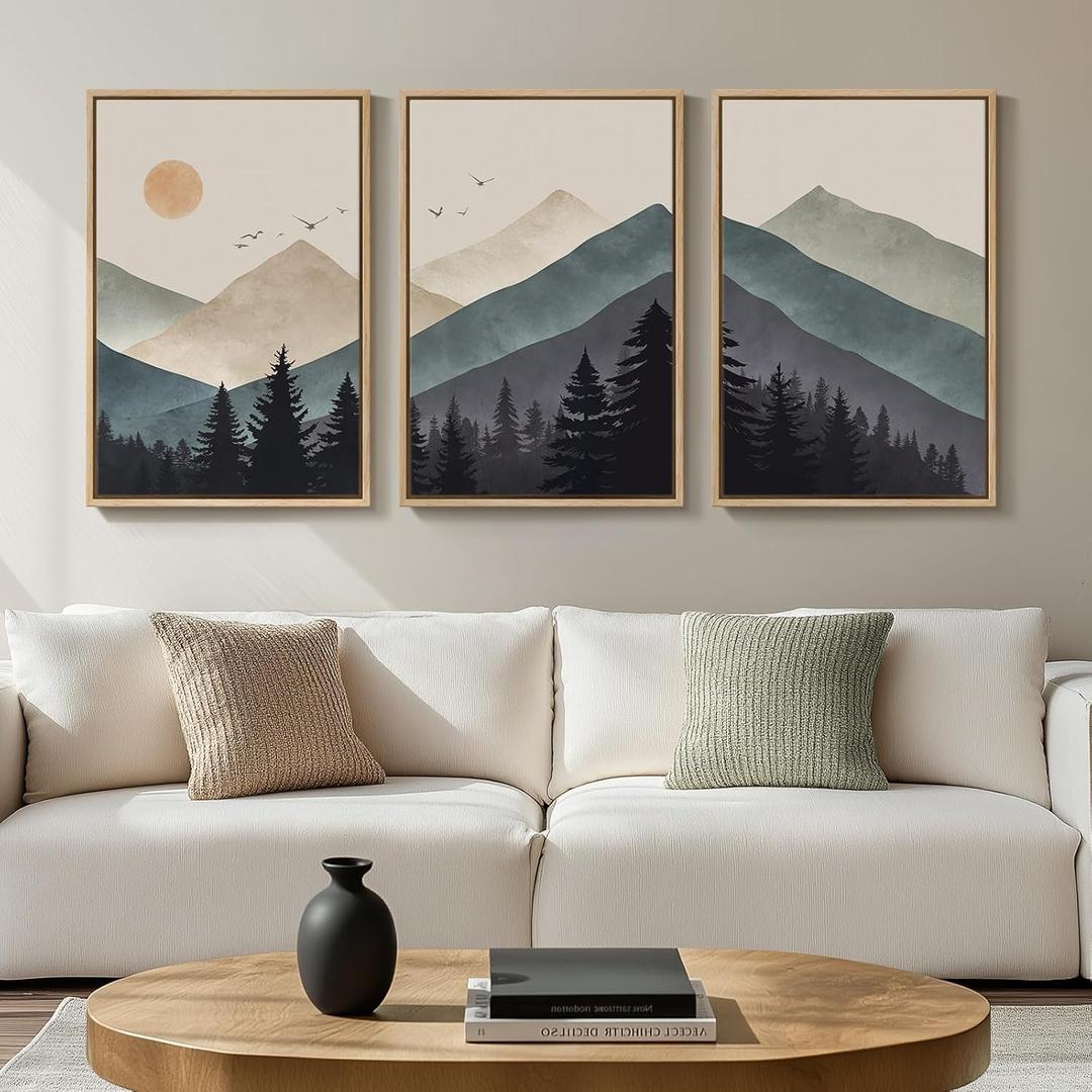 Cuspin Boho Framed Mountain Forest Landscape Wall Art, 3 Piece Bohemian Canvas Prints, Modern Nature Wall Art for Living Room, 3 Count, 16x24 Inch