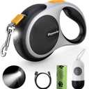 Retractable Dog Leash with LED Flashlight, Douexio Upgrade 3 in 1 Dog Leash Retractable for Small Medium Dogs Up to 66 lbs, 16ft, Anti-Slip Handle (Black-White)