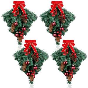 Hiboom 4 Pcs Christmas Teardrop Swag Ornament Christmas Swags Xmas Teardrop Artificial Berry Clusters Pine Cone Decorative Props Pendant with Red Bow for Indoor Outdoor Wall Door Hanging Decor