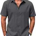 COOFANDY Mens Button Down Shirts Short Sleeve Casual Summer Beach Shirts for Men Vacation Wedding Linen Shirt (S)