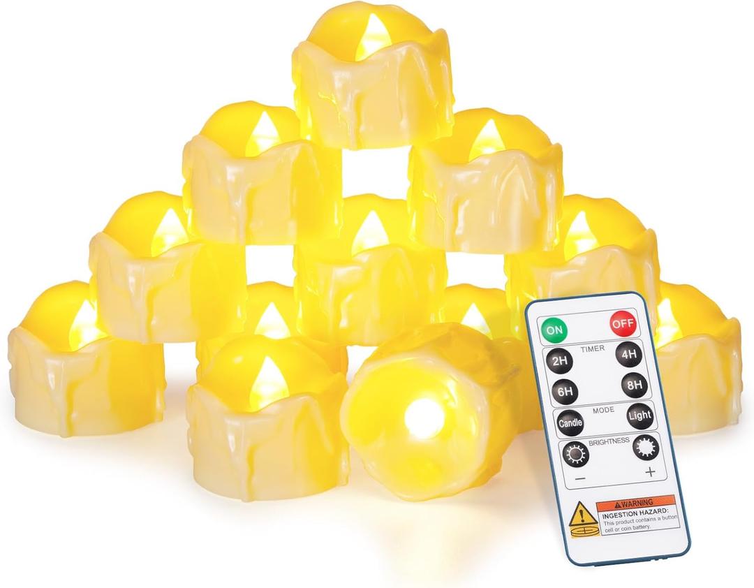 Homemory 12pcs Remote Timer LED Tea Lights Candles, 400+Hours Flickering Flameless Battery Votive Tealights for Tabletop Lighting, Centerpieces Decor, Holiday, Ivory Base (Remote Timer, Ivory Body, Warm White Glow)
