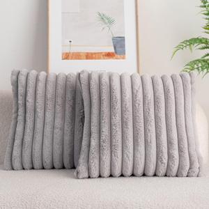 DEELAND Pack of 2,Double-Sided Faux Fur Plush Decorative Throw Pillow Covers Fuzzy Striped Soft Pillowcase Cushion Covers for Sofa Couch Bedroom Lightgrey 18x18 inch, Light Grey