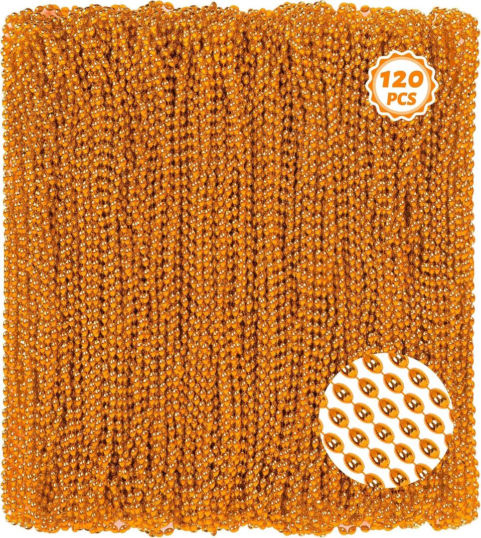 120Pcs Orange Mardi Gras Beads Necklaces, 33 Inch Orange Halloween Party Favors, Halloween Bead Necklaces Festival Accessories for Trick or Treat Parade Mardi Gras Favors Holiday Party Supplies