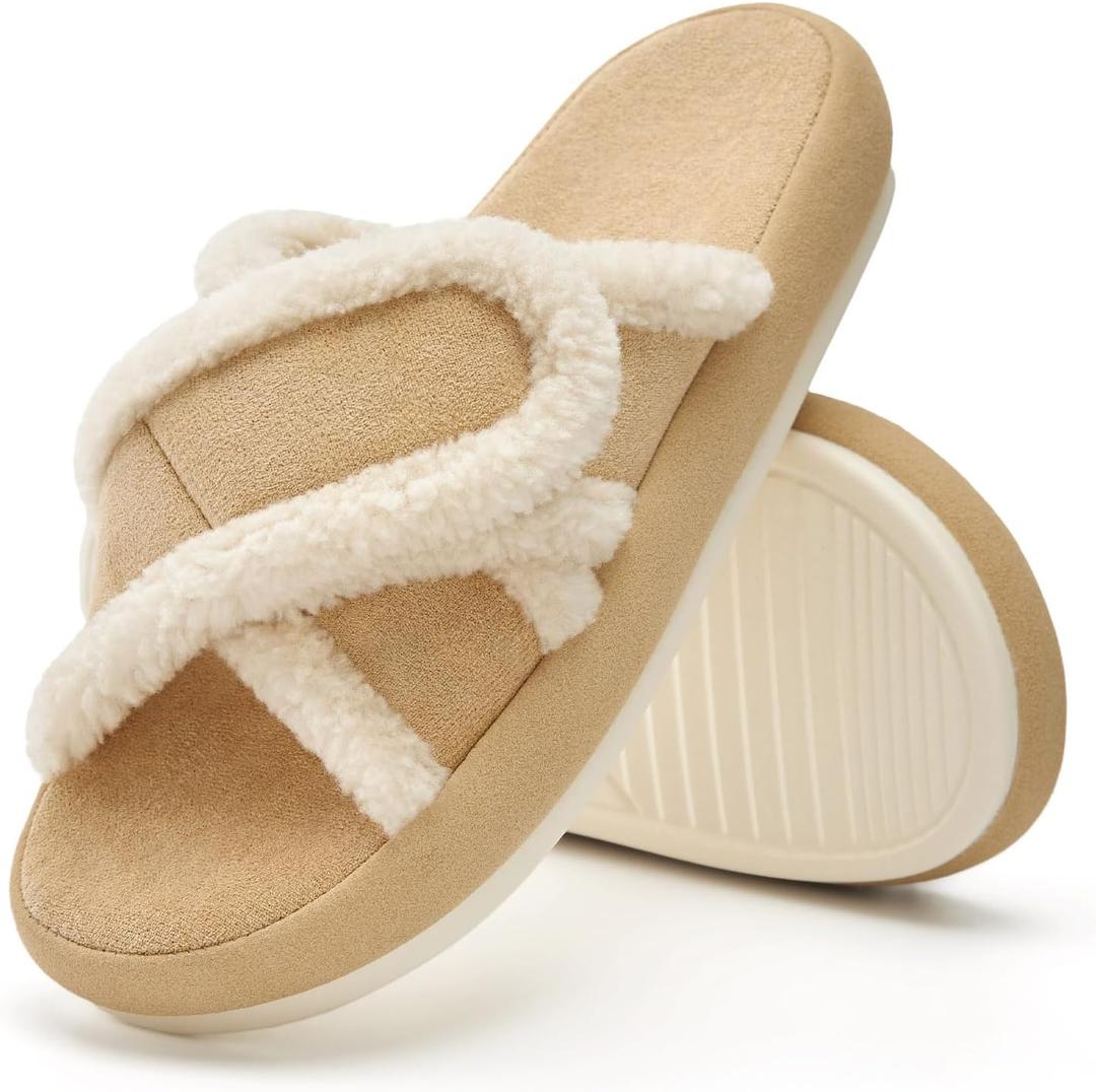 Chantomoo Women's House Slippers Memory Foam Slide Open Toe Slippers for Bedroom Indoor Bedroom Outdoor Brown 9-10