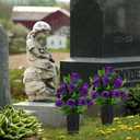 Artificial Cemetery Flowers, Grave Memorial Flowers, Set of 2 Artificial Rose Bouquet with Vase for Cemetery Headstones Gravesites Decoration (Purple)
