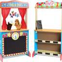 Deluxe Wooden Puppet Theater with Curtains, Blackboard and Clock, Double-Sided Play Store 3-8Y & Kid Puppet Show Theater with 2 Hand Puppets and 4 Finger Puppets for Toddlers 3+