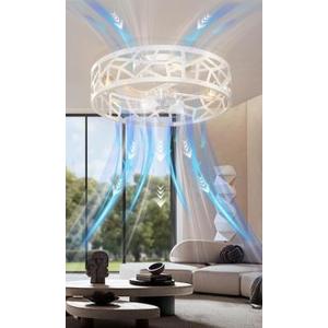 20" Fandelier Ceiling Fan with Light, Caged Bladeless Ceiling Fans, Farmhouse Flush Mount Fan for Bedroom, Kitchen, Living Room, White