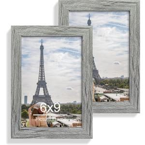 6x9 Picture Frame Set of 2, Made of Real Glass and Rustic Grey Wooden Frame - 6 by 9 Photo for Wall or Tabletop Display