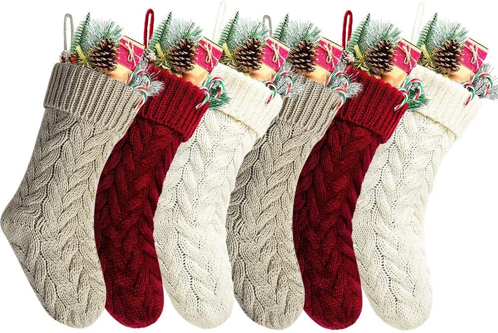 Christmas Stockings, 20 Inch Burgundy, Ivory, Khaki Cable Knit Stockings Christmas Holiday Decoration, 6 Pack