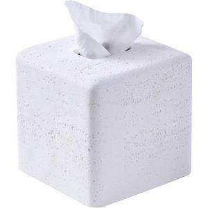 White Natural Travertine Textures Square Tissue Box Cover Holder, Resin Tissue Box Holder Decorative for Bathroom, Vanity, Kitchen Countertop, Bedroom Night Stands, Office Desk Top (Medium)