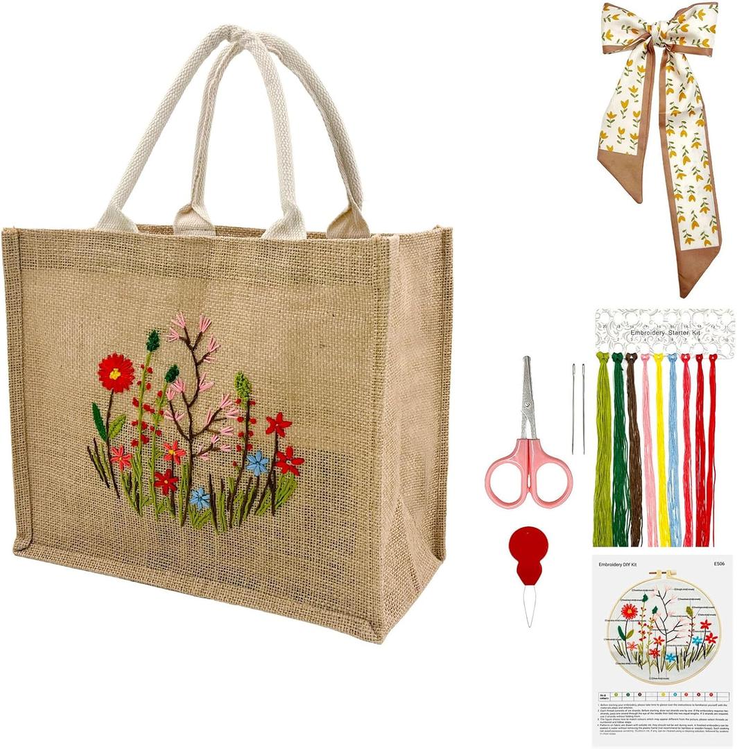 SNAIL GARDEN Linen Tote Bag DIY Embroidery Kit for Beginners with Scarf, Printed Cross Stitch Craft Kit with Thread, Needle & Guide  Reusable Grocery Bag for Women