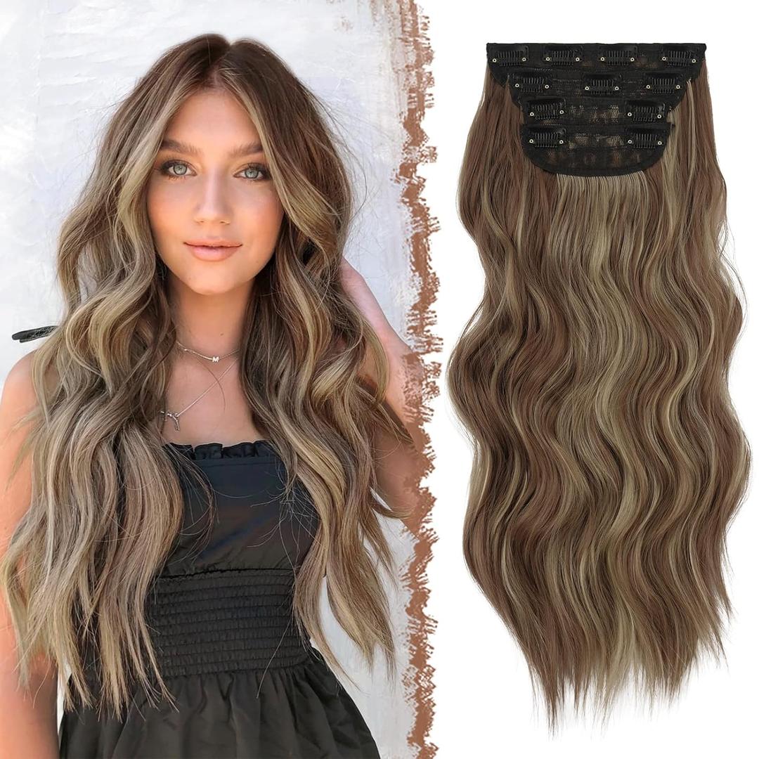 FESHFEN Clip in Hair Extensions - 4 PCS Long Wavy Thick Highlighted Clip in Hairpieces Synthetic Hair Extension for Women, Reddish Brown Mixed Ash Blonde 20 Inch