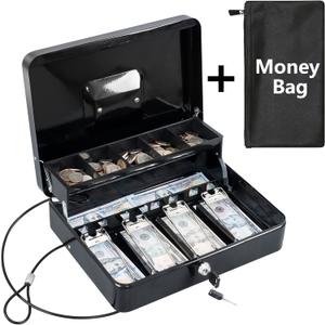 KYODOLED Cash Box with Money Tray, Key Lock Money Safe with Security Cable and Waterproof Bag, 11.81L*9.45W*3.54H inch, Black X Large