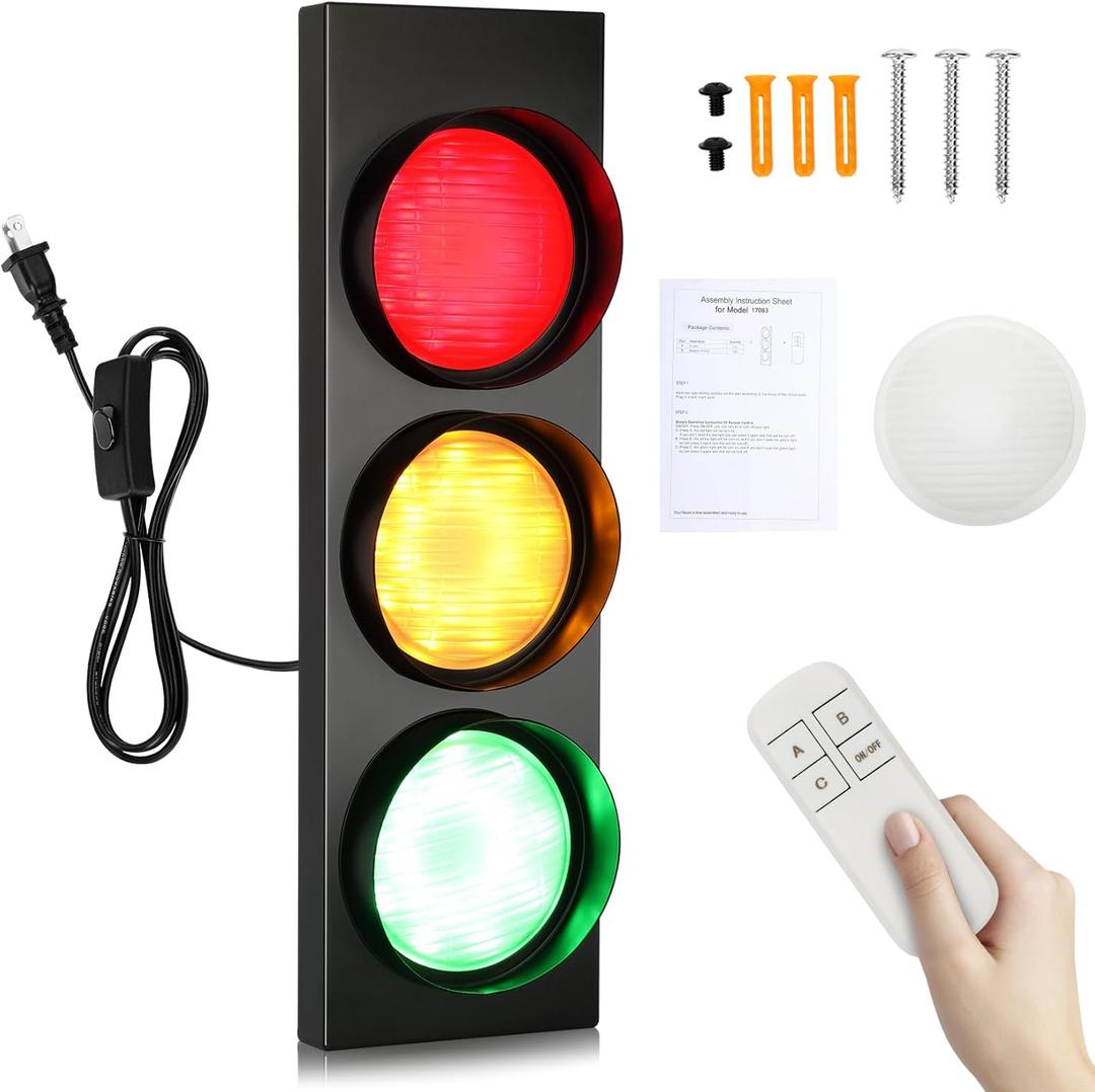 Traffic Light Wall Lamp,Led Remote Retro Stop Lights for Kids Bedroom Decor,Charging Red Yellow Green Fun Signal Light for Living Room, Barclub,Gaming Room and Room Wall Decor (Monochrome)