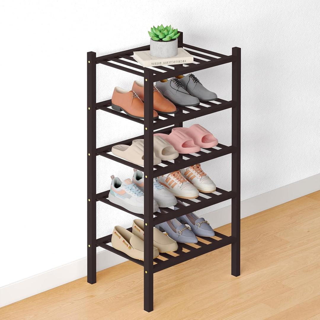 Smiry Bamboo Shoe Rack for Closet, 5 Tier Small Wooden Shoe Organizer, Stackable 14 Vertical Slats Wood Shoe Storage Shelf for Entryway, Two-piece Heavy-Duty Legs, 17.3"x11"x31.3", Brown