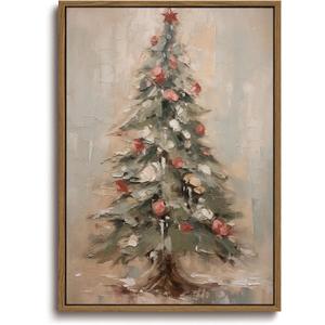 KISSFOX Vintage Christmas Tree Framed Wall Art Snowy Canvas Art Rustic Winter Christmas Tree Paintings Art Prints Modern Farmhouse Pictures Wall Decor For Kitchen Bedroom Living Room (16x24 in)